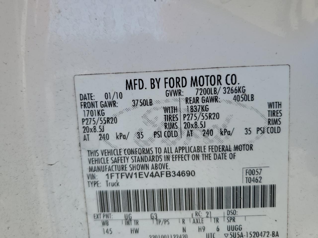 2010 Ford F150 Supercrew VIN: 1FTFW1EV4AFB34690 Lot: 69813005