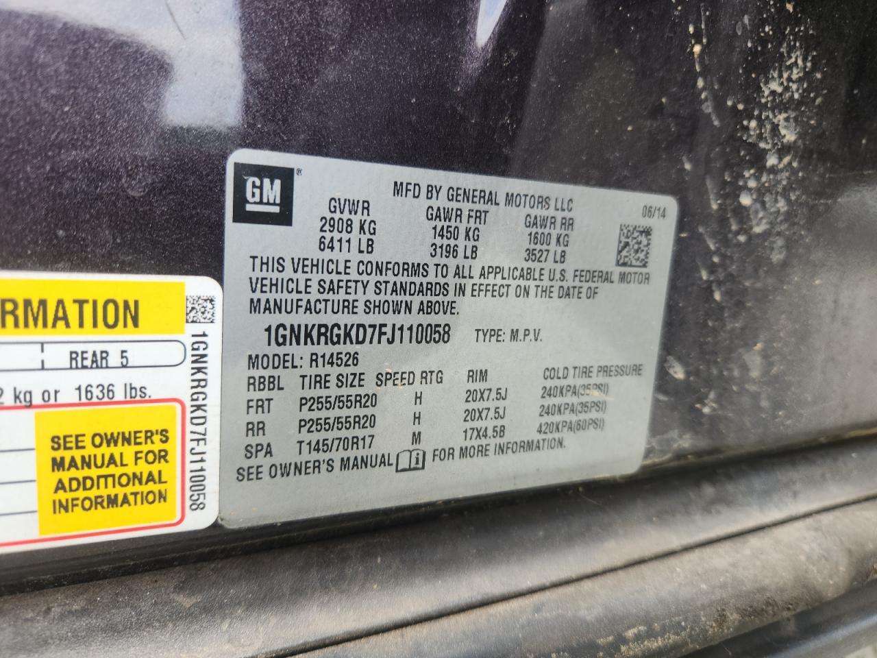 2015 Chevrolet Traverse Lt VIN: 1GNKRGKD7FJ110058 Lot: 70997475