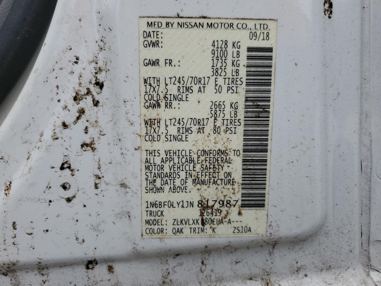 2018 Nissan Nv 2500 S VIN: 1N6BF0LY1JN817987 Lot: 83869635