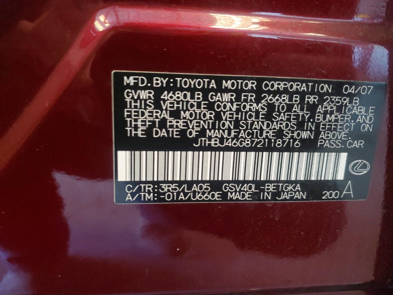 2007 Honda Uk VIN: JTHBJ46G872118716 Lot: 81643635