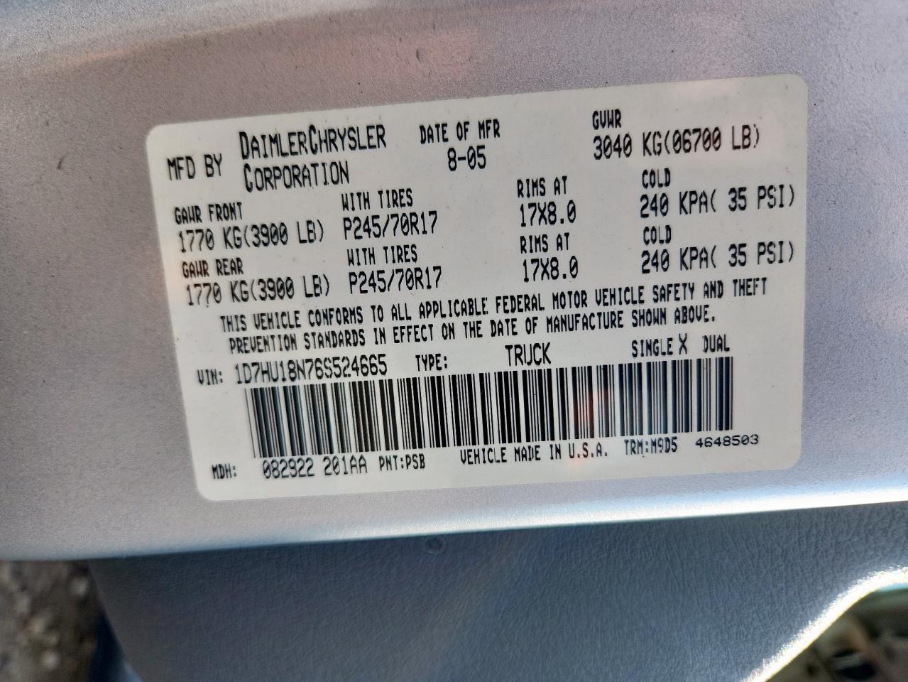 2006 Dodge Ram 1500 St VIN: 1D7HU18N76S524665 Lot: 81603525