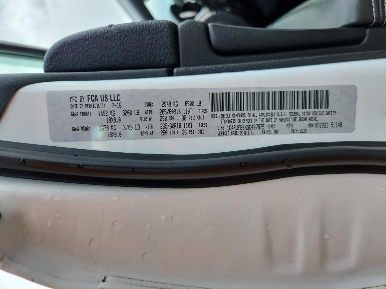 2016 Jeep Grand Cherokee Limited VIN: 1C4RJFBGXGC497875 Lot: 71808035