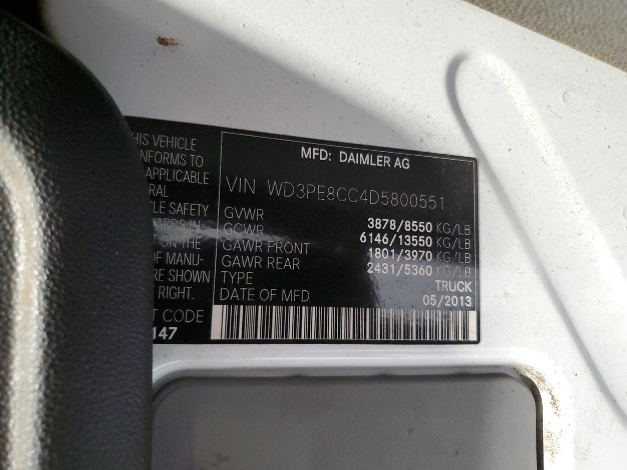 2013 Mercedes-Benz Sprinter 2500 VIN: WD3PE8CC4D5800551 Lot: 84036585
