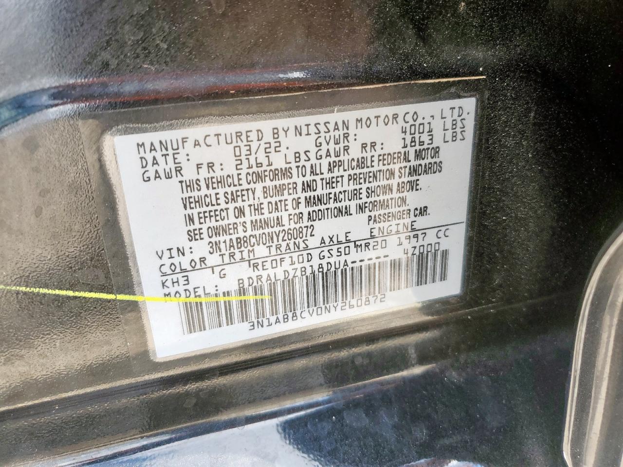 3N1AB8CV0NY260872 2022 Nissan Sentra Sv