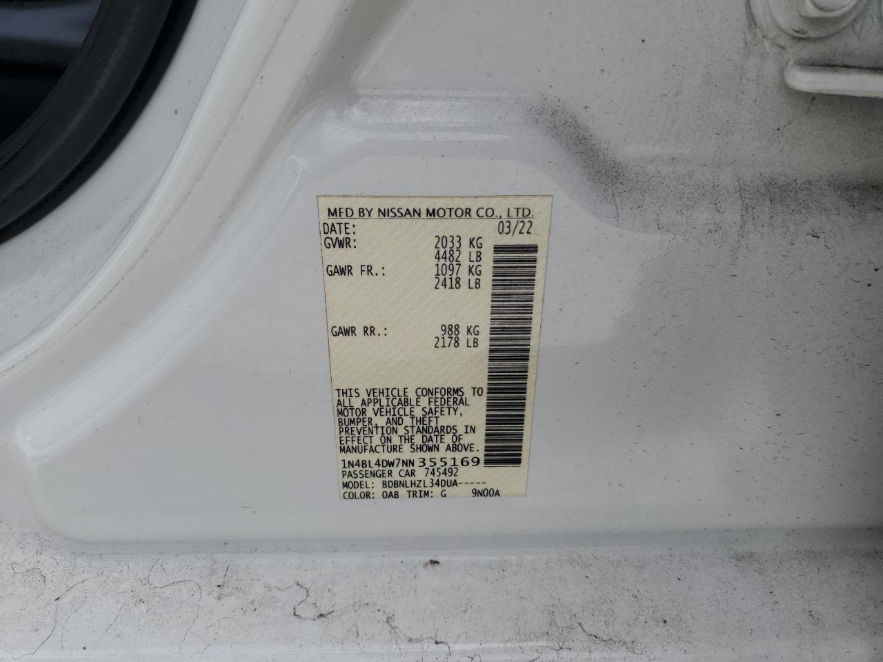 2022 Nissan Altima Sv VIN: 1N4BL4DW7NN355169 Lot: 81732385