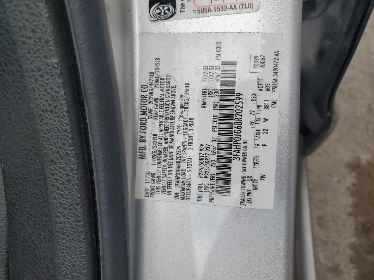 2011 Ford Fusion Sel VIN: 3FAHP0JG6BR202599 Lot: 70620715