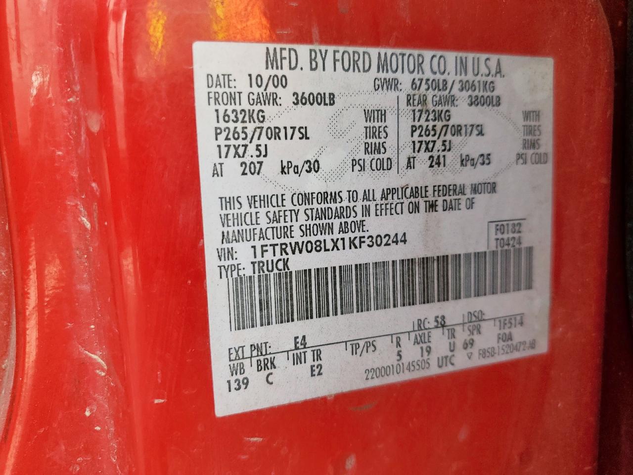 2001 Ford F150 Supercrew VIN: 1FTRW08LX1KF30244 Lot: 81635475