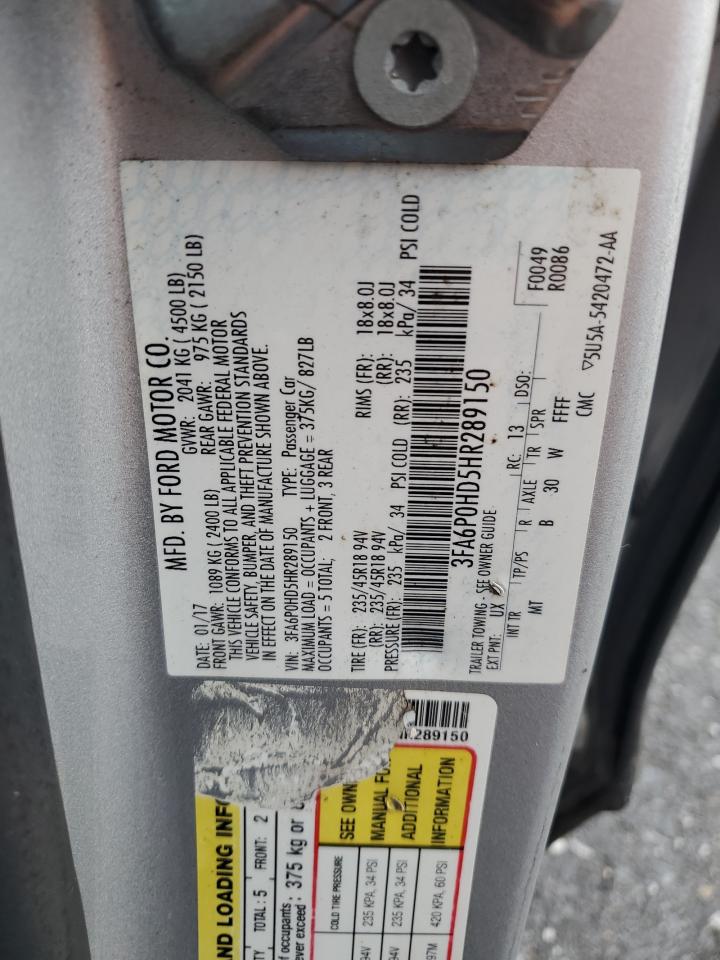 2017 Ford Fusion Se VIN: 3FA6P0HD5HR289150 Lot: 84274995