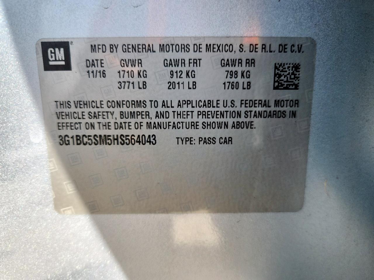 2017 Chevrolet Cruze Ls VIN: 3G1BC5SM5HS564043 Lot: 71889515