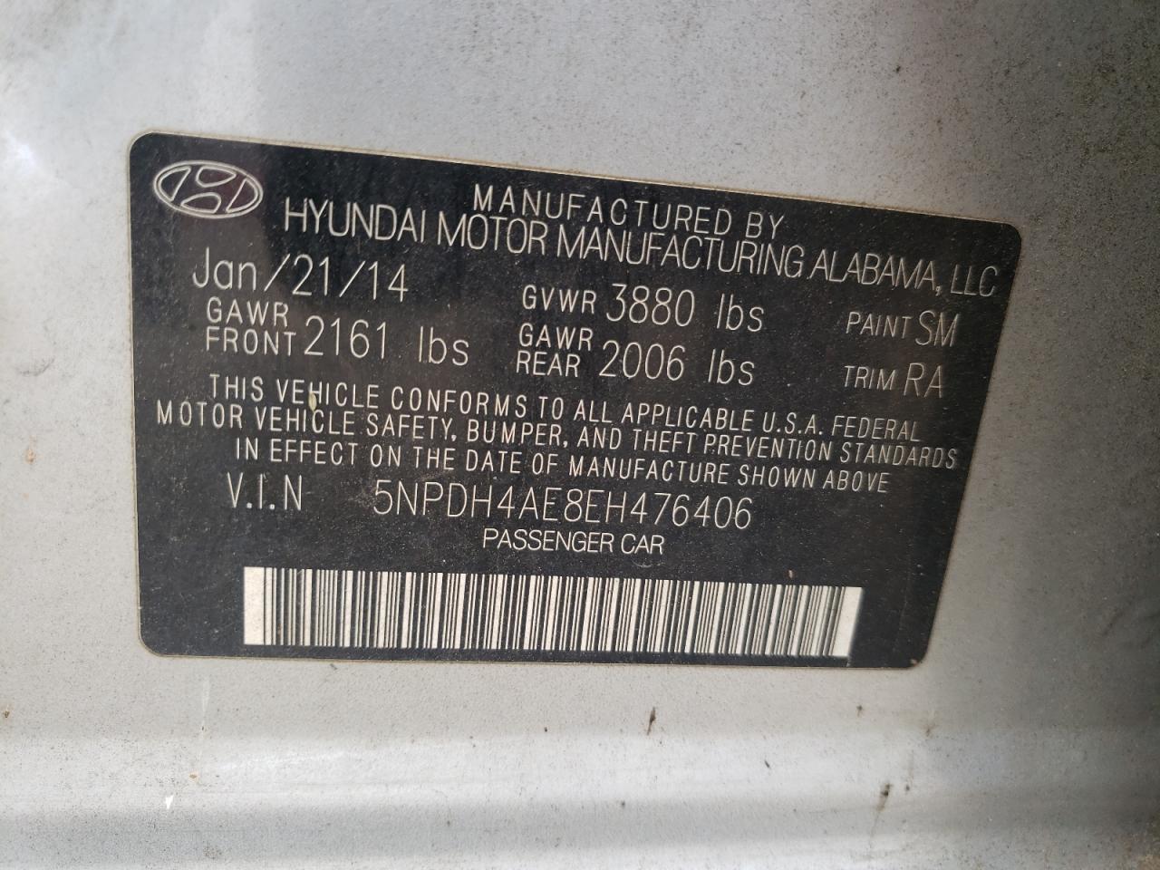 2014 Hyundai Elantra Se VIN: 5NPDH4AE8EH476406 Lot: 80634125