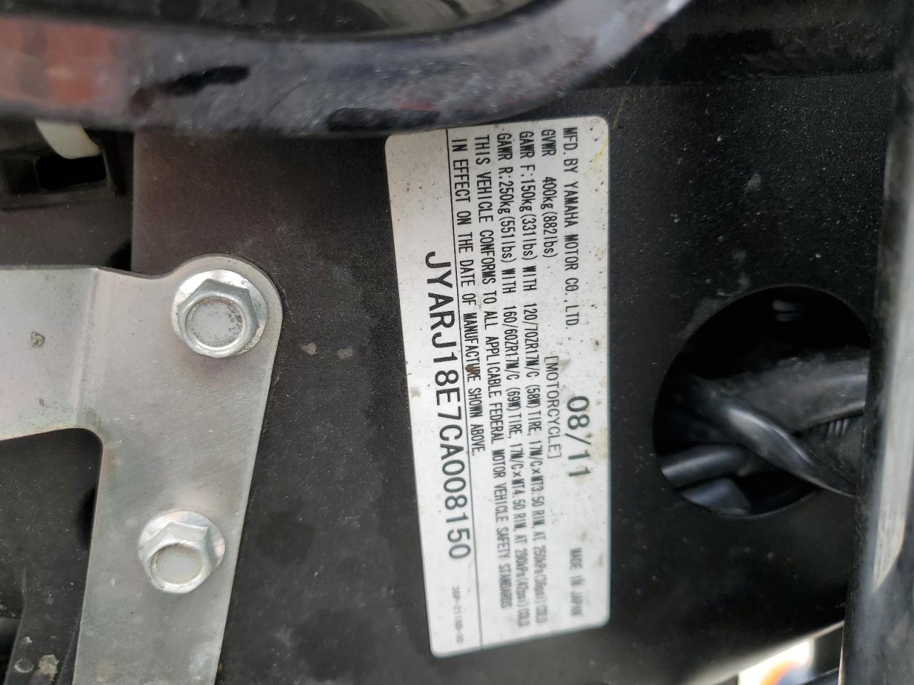 2012 Yamaha Fz6 R VIN: JYARJ18E7CA008150 Lot: 80827485