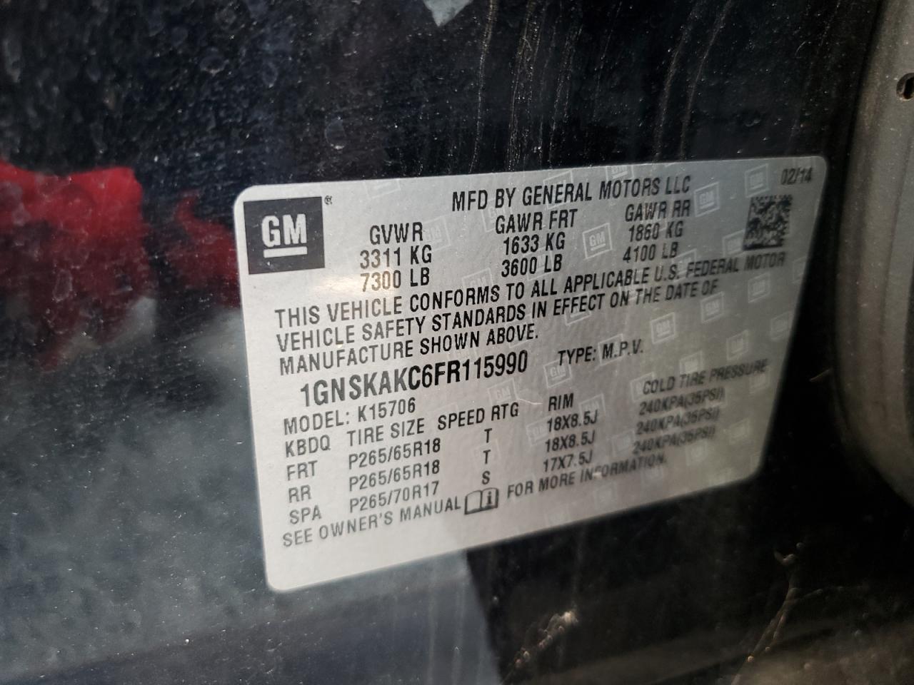 2015 Chevrolet Tahoe K1500 Ls VIN: 1GNSKAKC6FR115990 Lot: 71855095