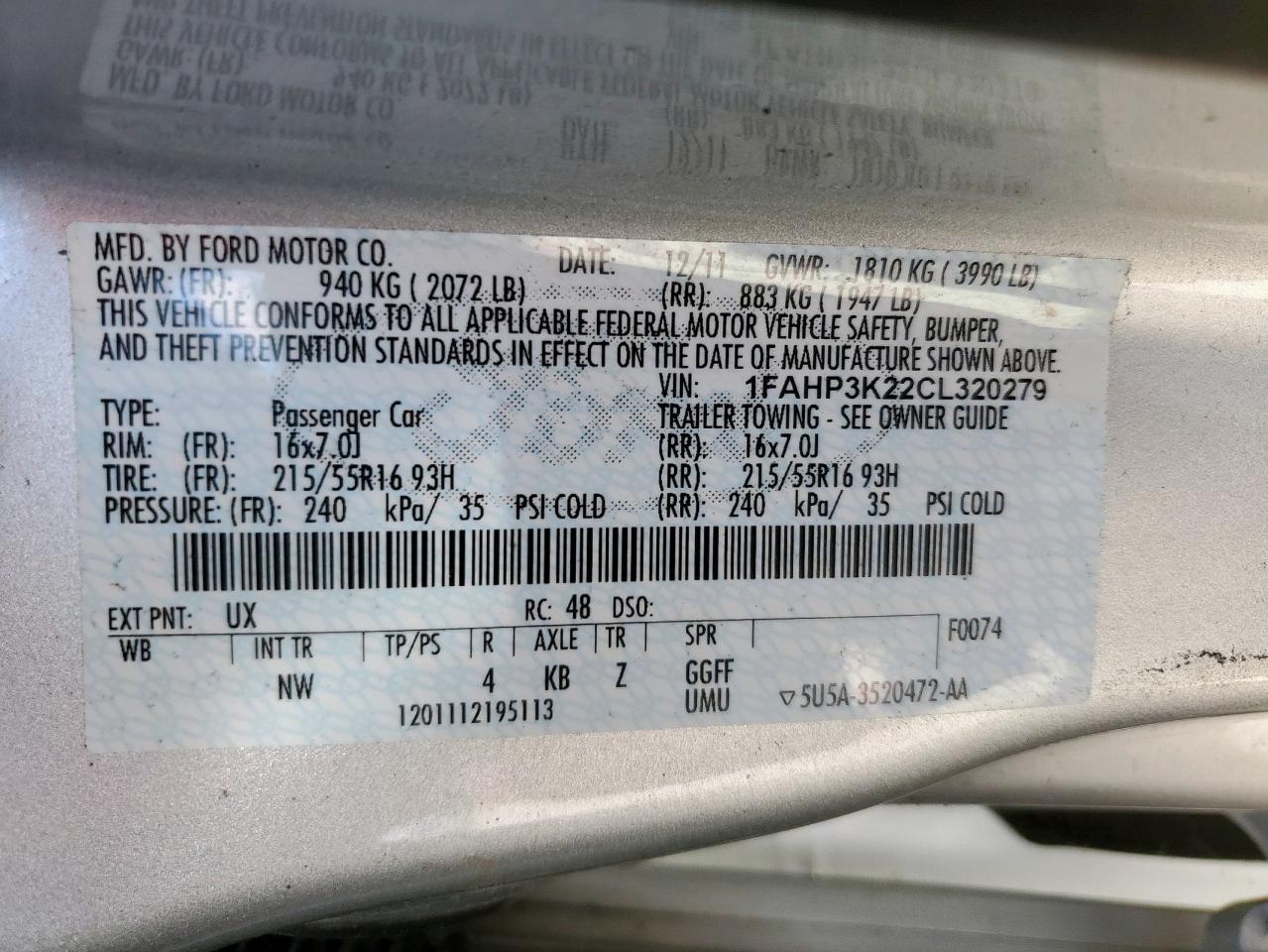 2012 Ford Focus Se VIN: 1FAHP3K22CL320279 Lot: 84295815