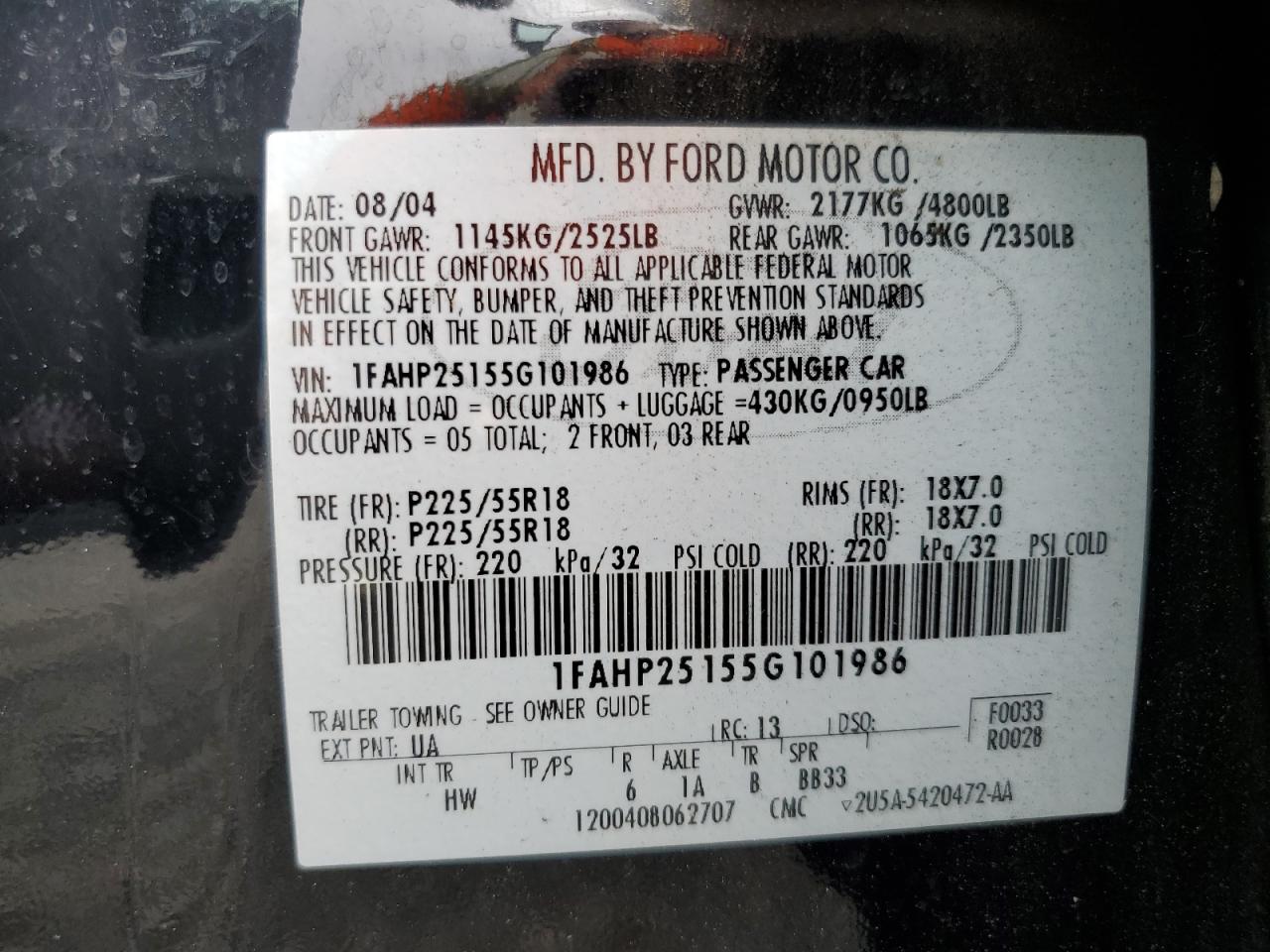 2005 Ford Five Hundred Limited VIN: 1FAHP25155G101986 Lot: 80762045