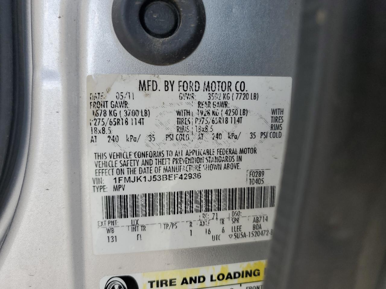 2011 Ford Expedition El Xlt VIN: 1FMJK1J53BEF42936 Lot: 80635295