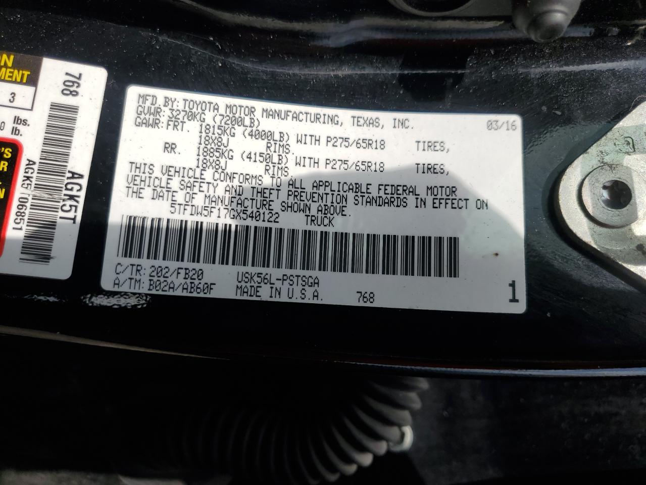 2016 Toyota Tundra Crewmax Sr5 VIN: 5TFDW5F17GX540122 Lot: 68178165