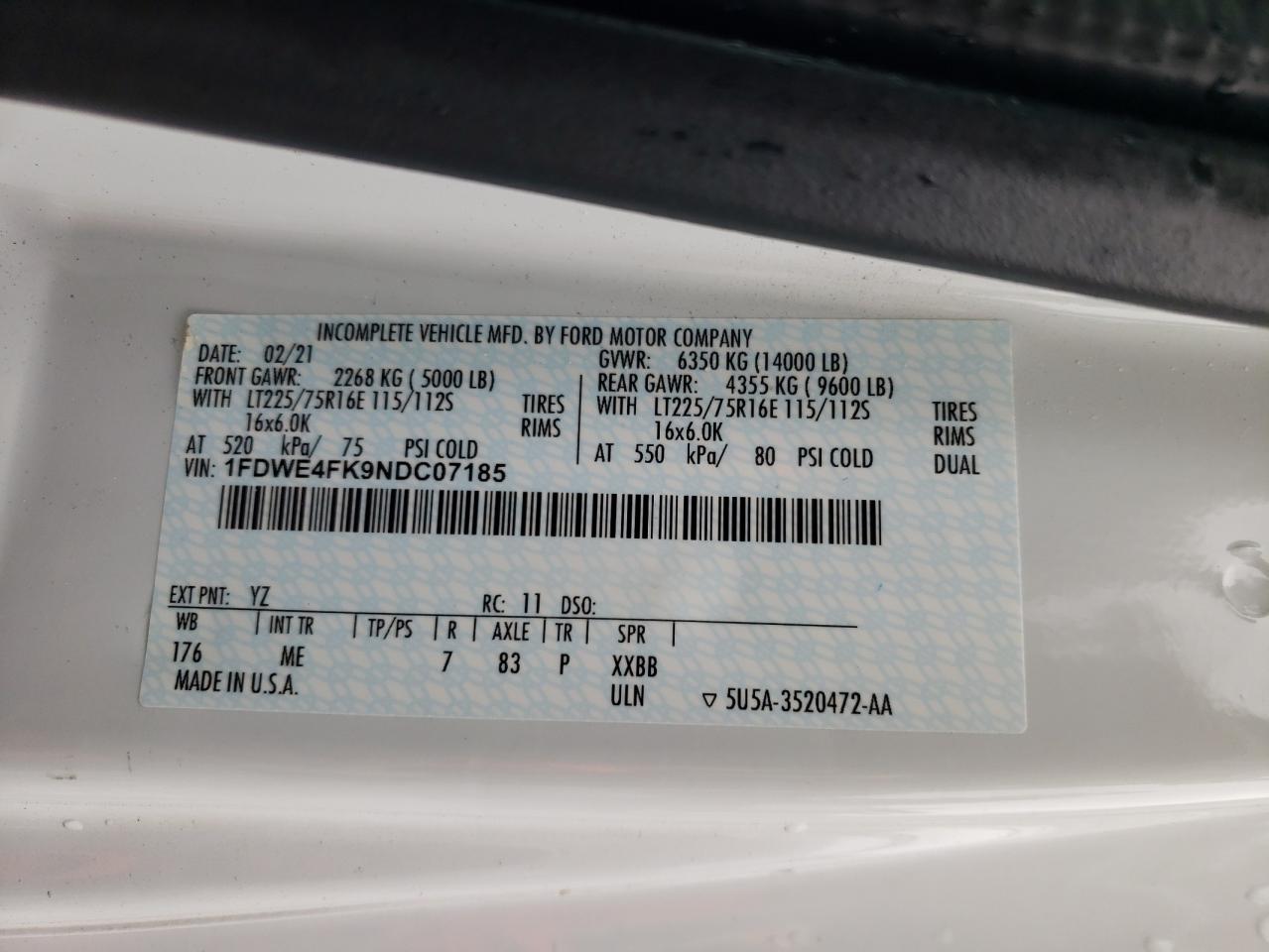 2022 Ford Econoline E450 Super Duty Cutaway Van VIN: 1FDWE4FK9NDC07185 Lot: 80046735