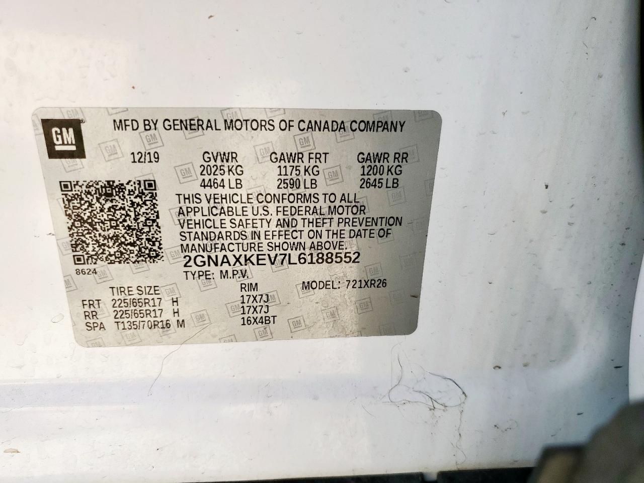 2020 Chevrolet Equinox Lt VIN: 2GNAXKEV7L6188552 Lot: 71706185