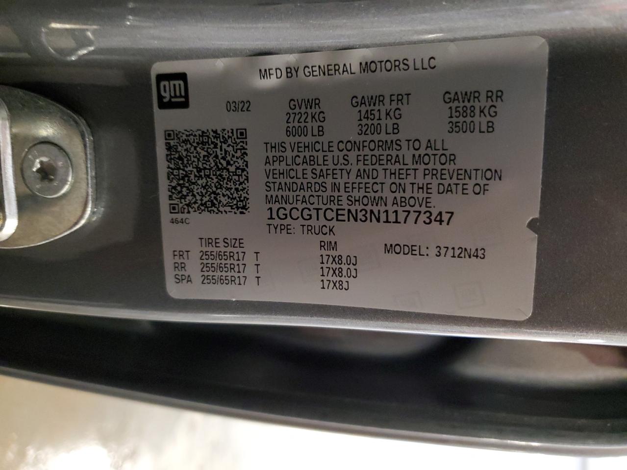 2022 Chevrolet Colorado Lt VIN: 1GCGTCEN3N1177347 Lot: 81479895
