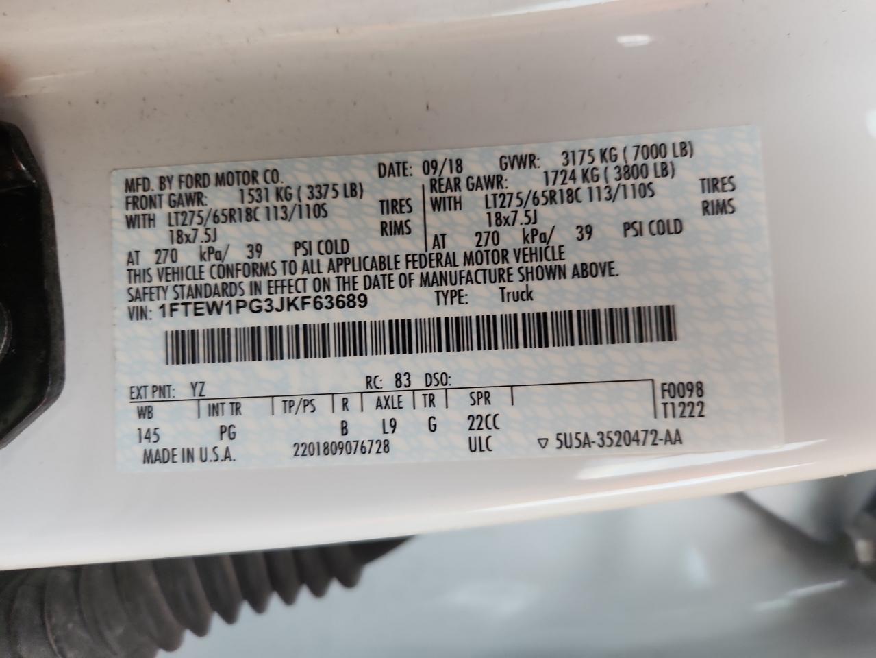 2018 Ford F150 Police Responder VIN: 1FTEW1PG3JKF63689 Lot: 72019025