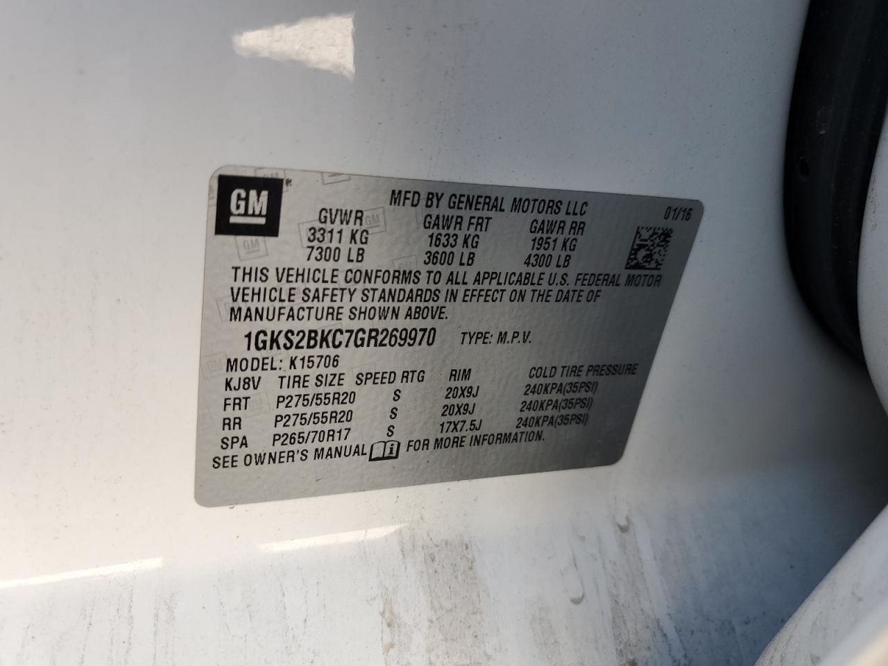 2016 GMC Yukon Slt VIN: 1GKS2BKC7GR269970 Lot: 81460925