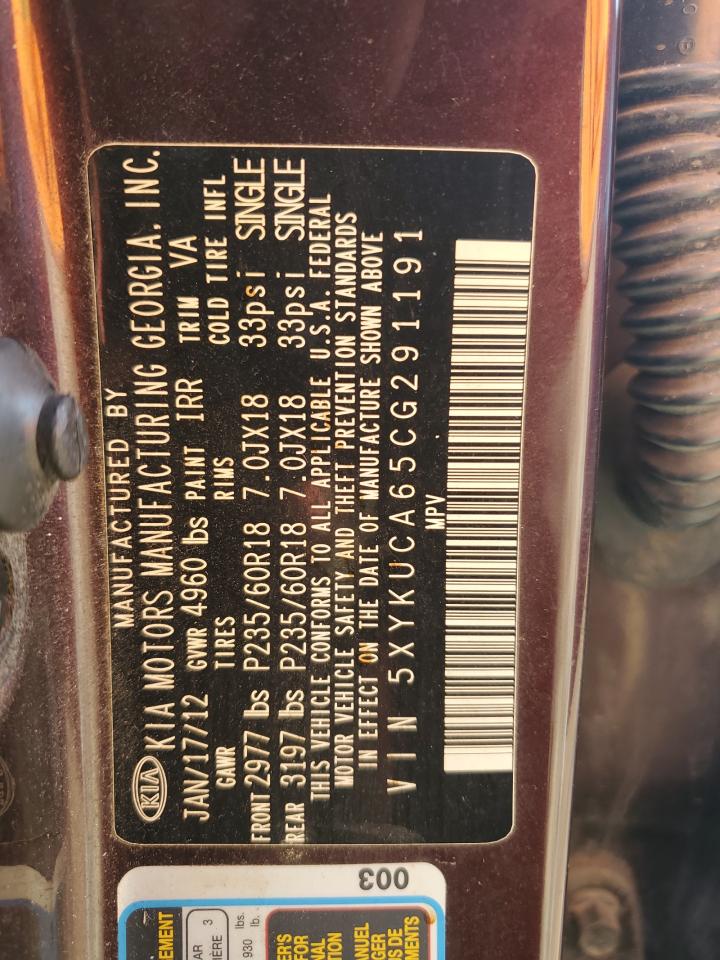 2012 Kia Sorento Ex VIN: 5XYKUCA65CG291191 Lot: 80697995