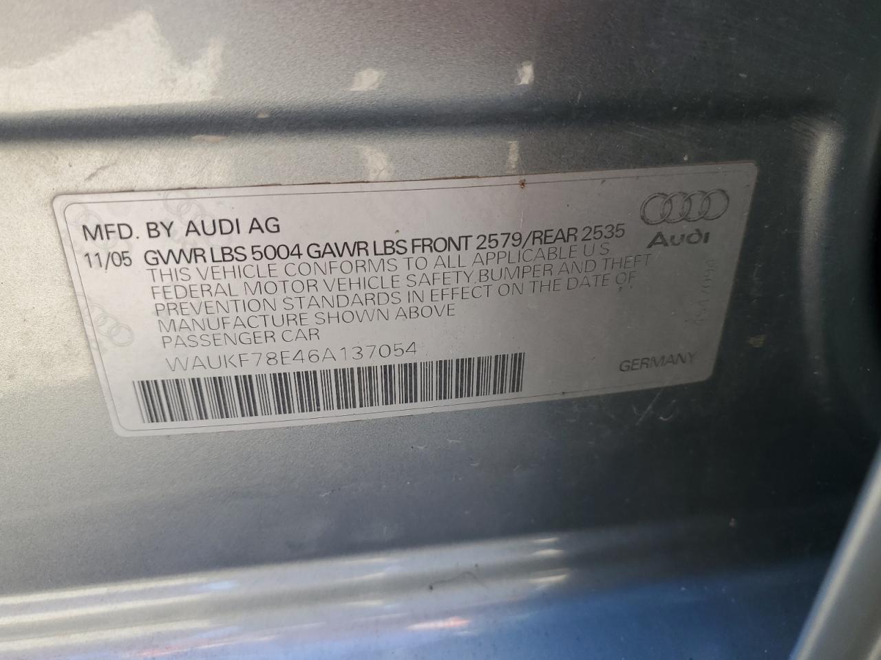 2006 Audi A4 2.0T Avant Quattro VIN: WAUKF78E46A137054 Lot: 82137595