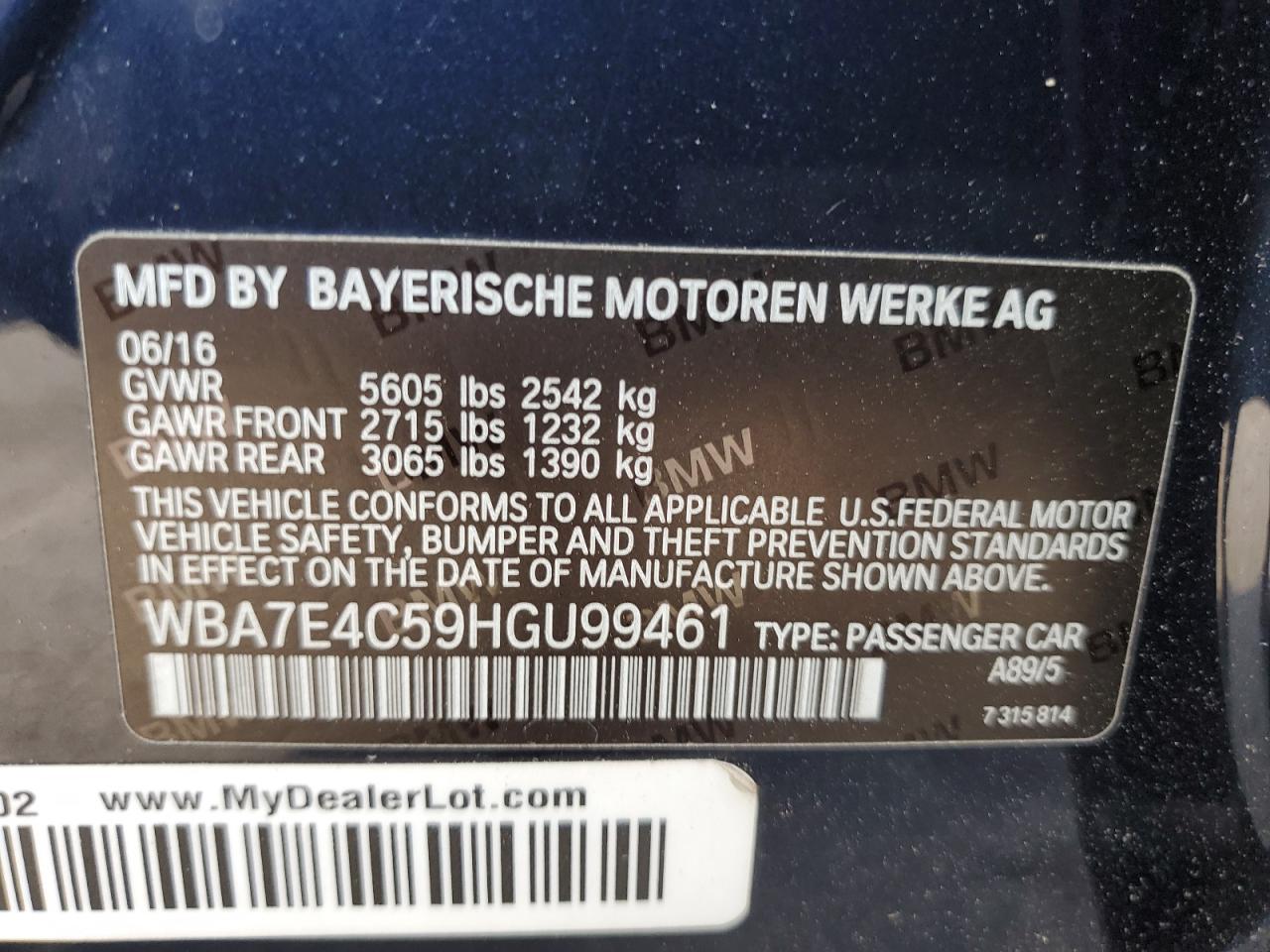 2017 BMW 740 Xi VIN: WBA7E4C59HGU99461 Lot: 80321285