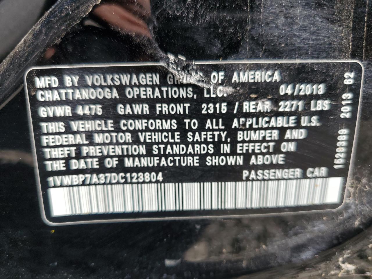 2013 Volkswagen Passat Se VIN: 1VWBP7A37DC123804 Lot: 71018345