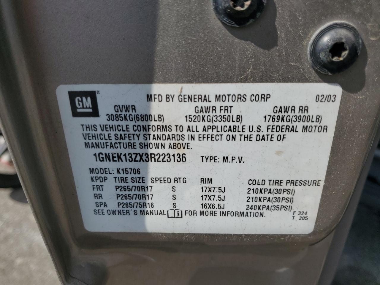 2003 Chevrolet Tahoe K1500 VIN: 1GNEK13ZX3R223136 Lot: 81438505