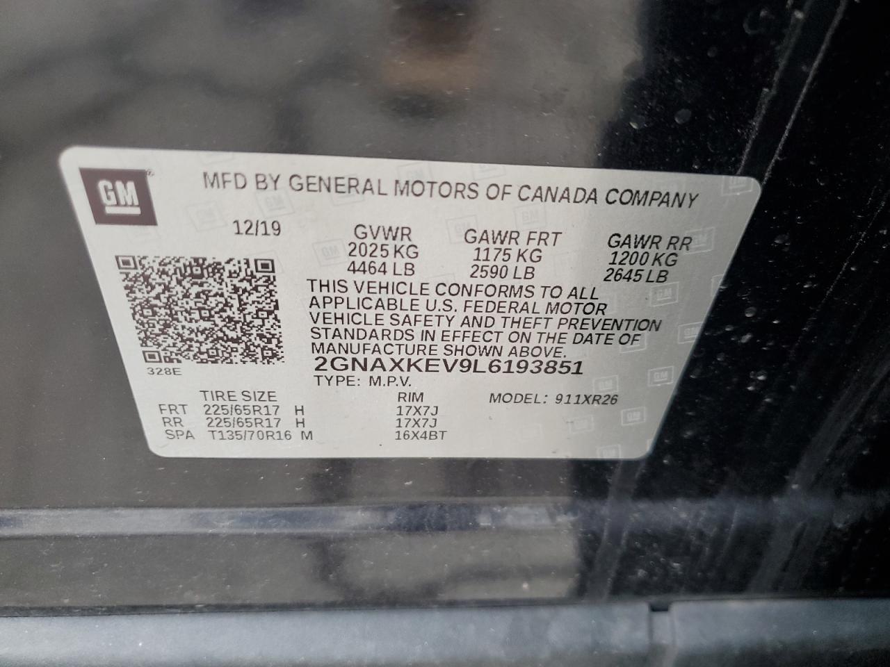 2020 Chevrolet Equinox Lt VIN: 2GNAXKEV9L6193851 Lot: 81760385