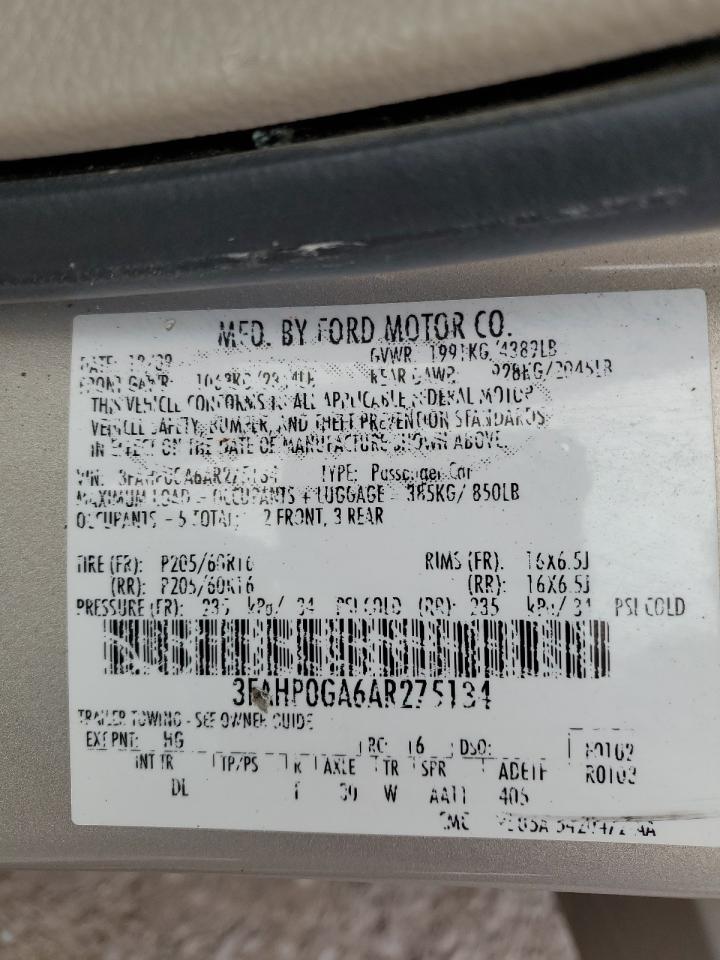 2010 Ford Fusion S VIN: 3FAHP0GA6AR275134 Lot: 71885175