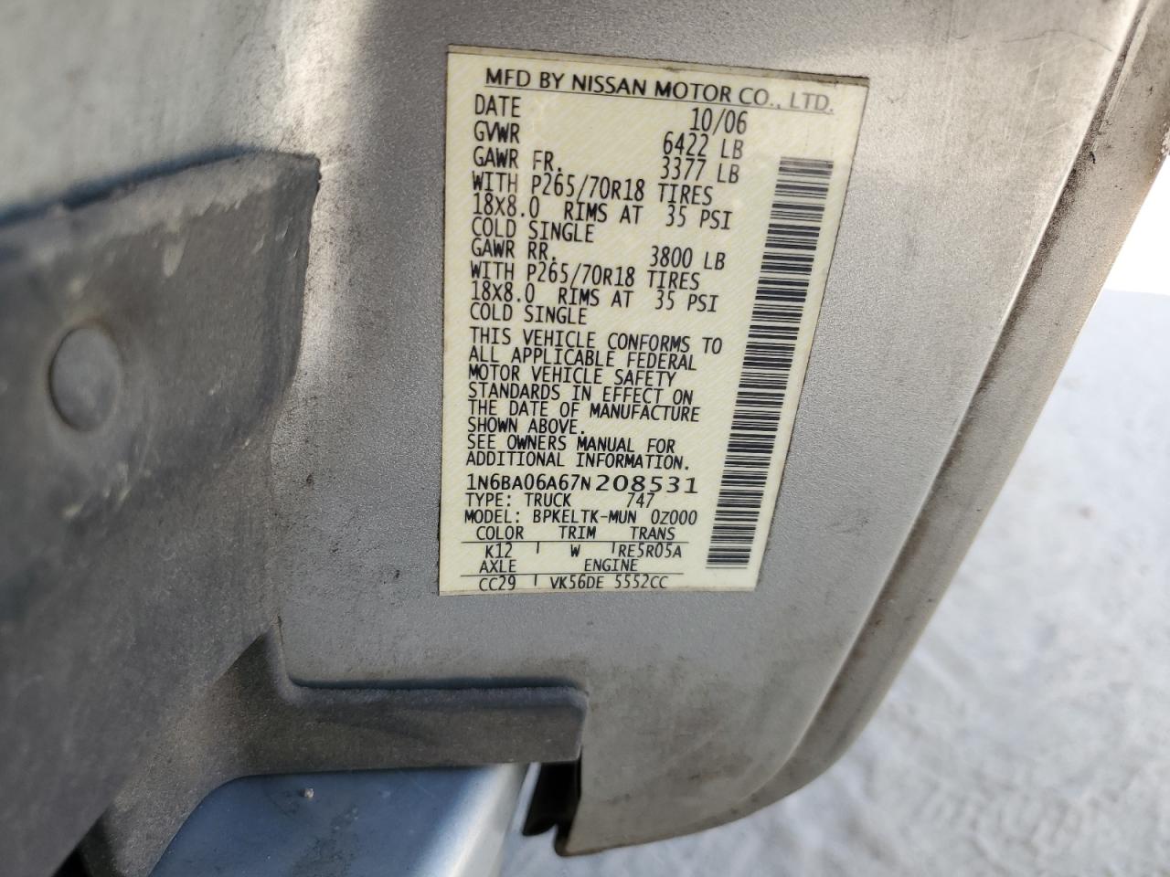 2007 Nissan Titan Xe VIN: 1N6BA06A67N208531 Lot: 80458945