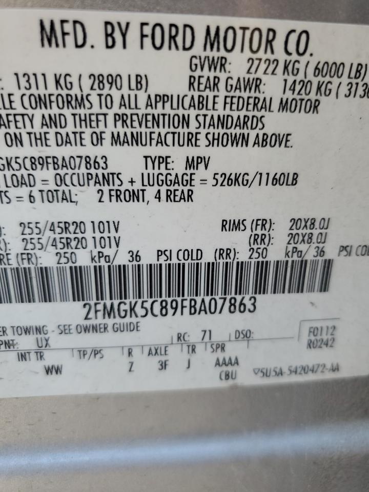 2015 Ford Flex Sel VIN: 2FMGK5C89FBA07863 Lot: 67666185