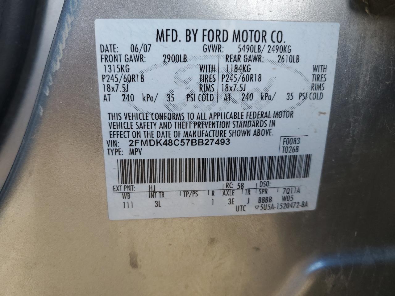 2007 Ford Edge Sel VIN: 2FMDK48C57BB27493 Lot: 83887615