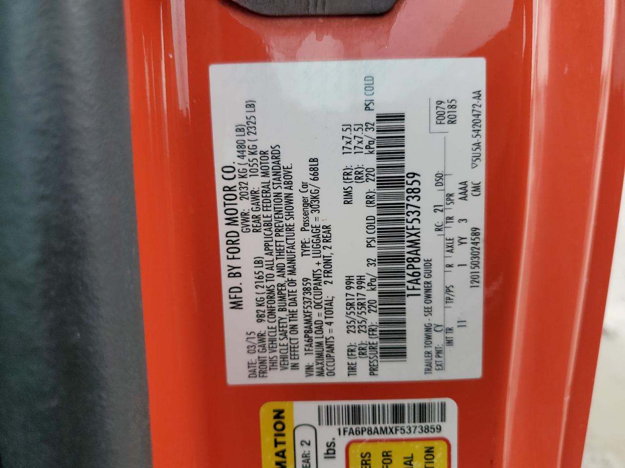 2015 Ford Mustang VIN: 1FA6P8AMXF5373859 Lot: 81300465