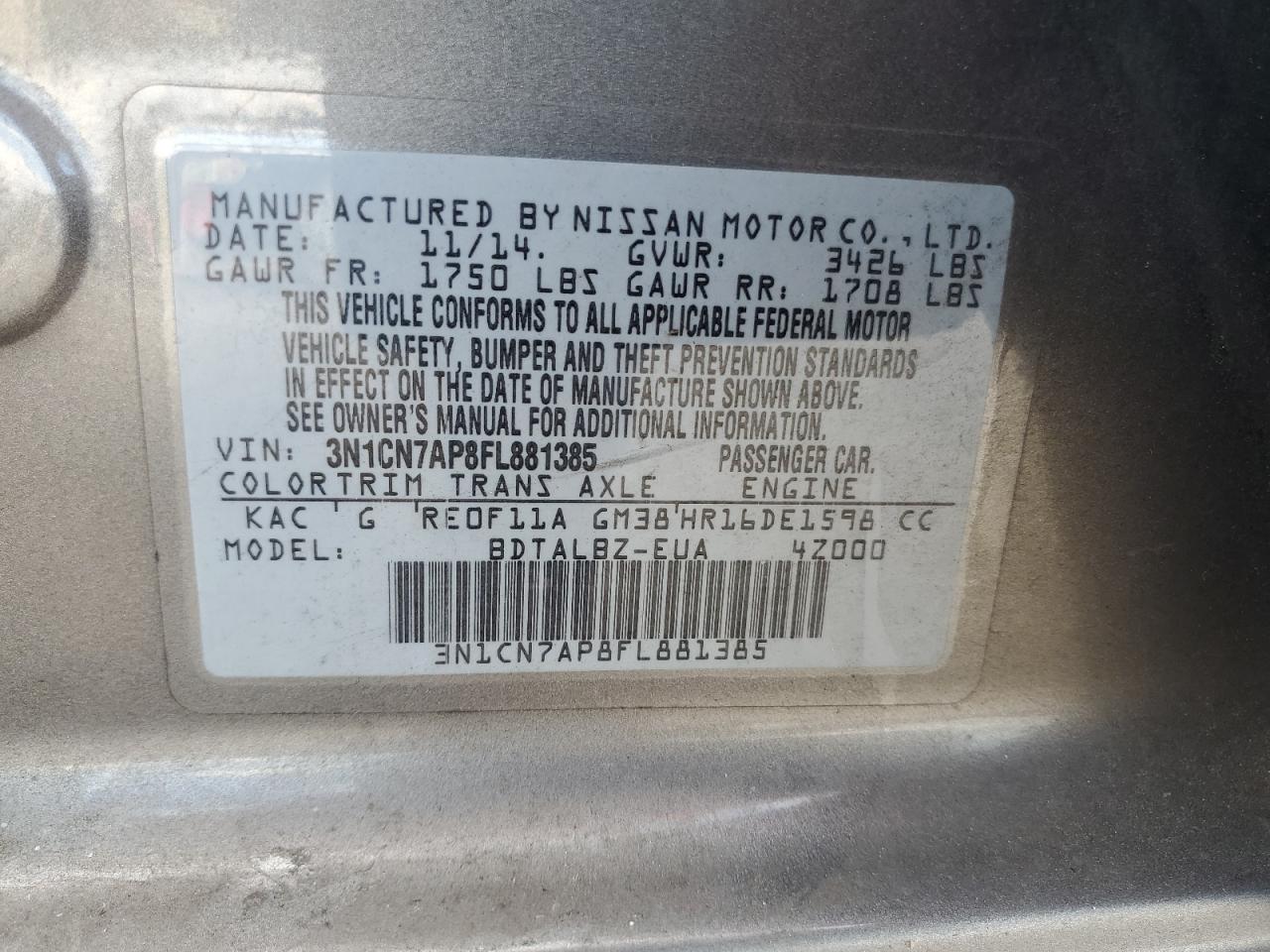 2015 Nissan Versa S VIN: 3N1CN7AP8FL881385 Lot: 80919195