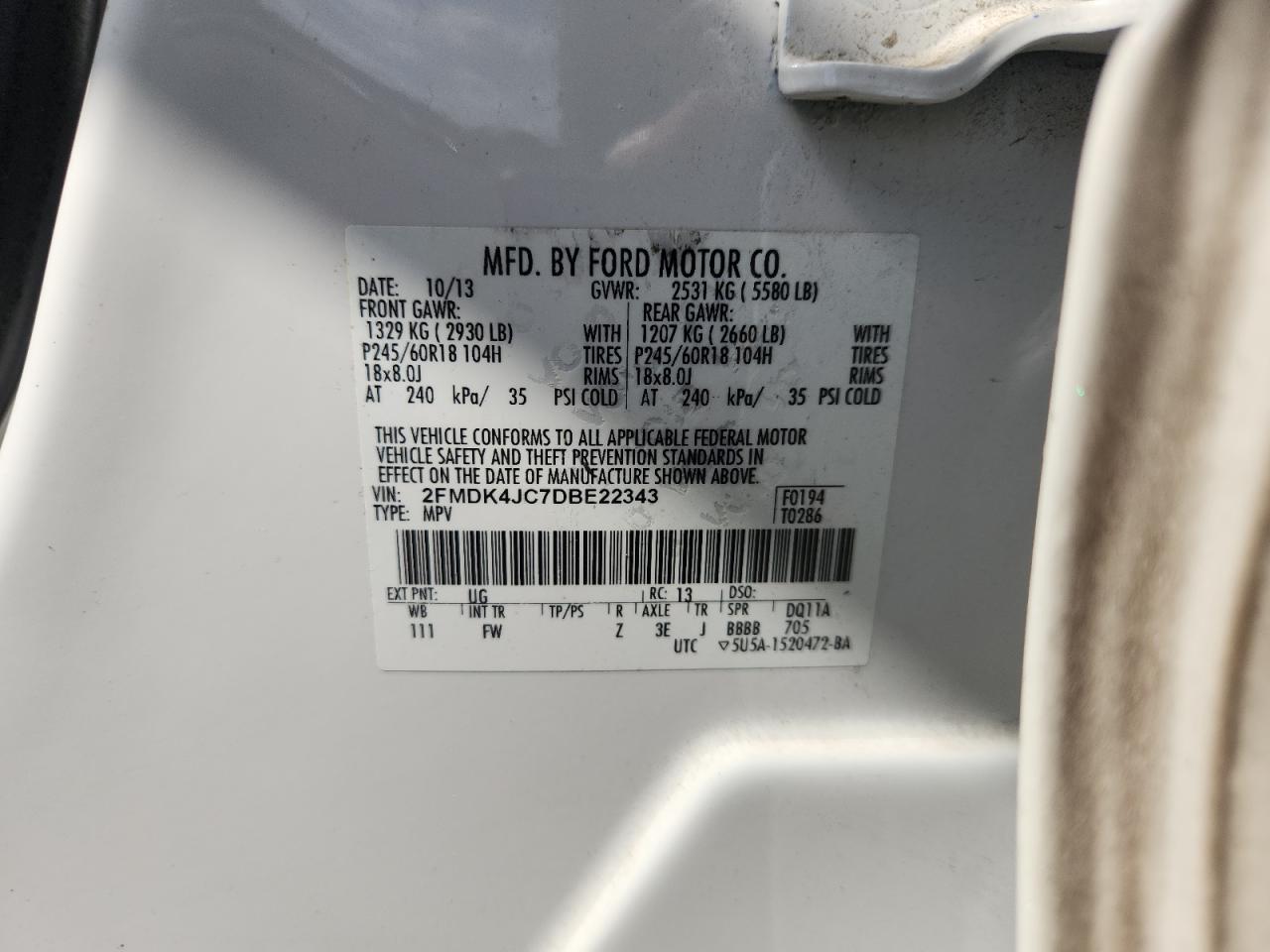 2013 Ford Edge Sel VIN: 2FMDK4JC7DBE22343 Lot: 70318945