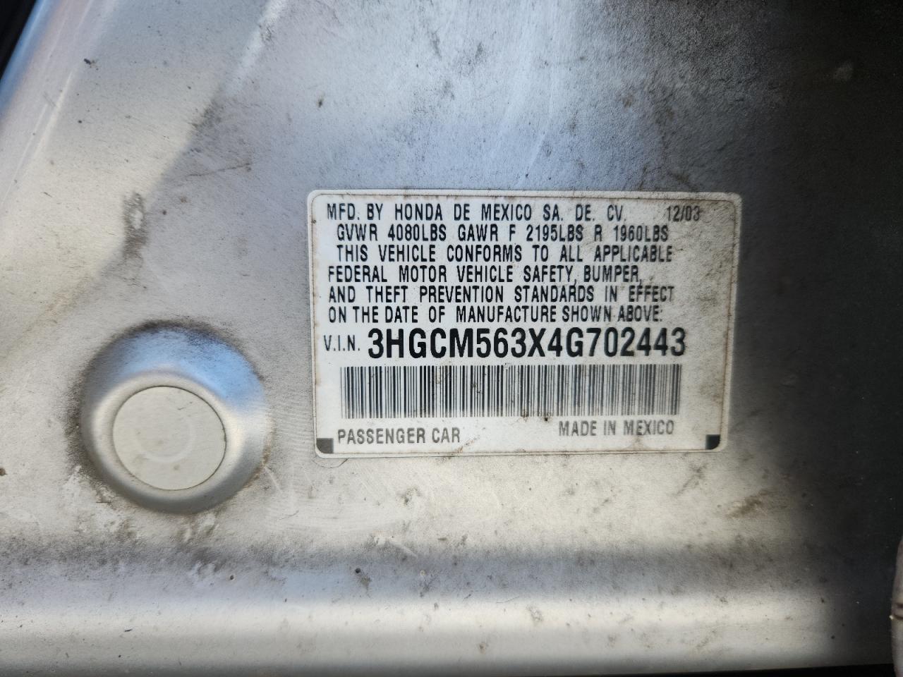 2004 Honda Accord Lx VIN: 3HGCM563X4G702443 Lot: 80906925