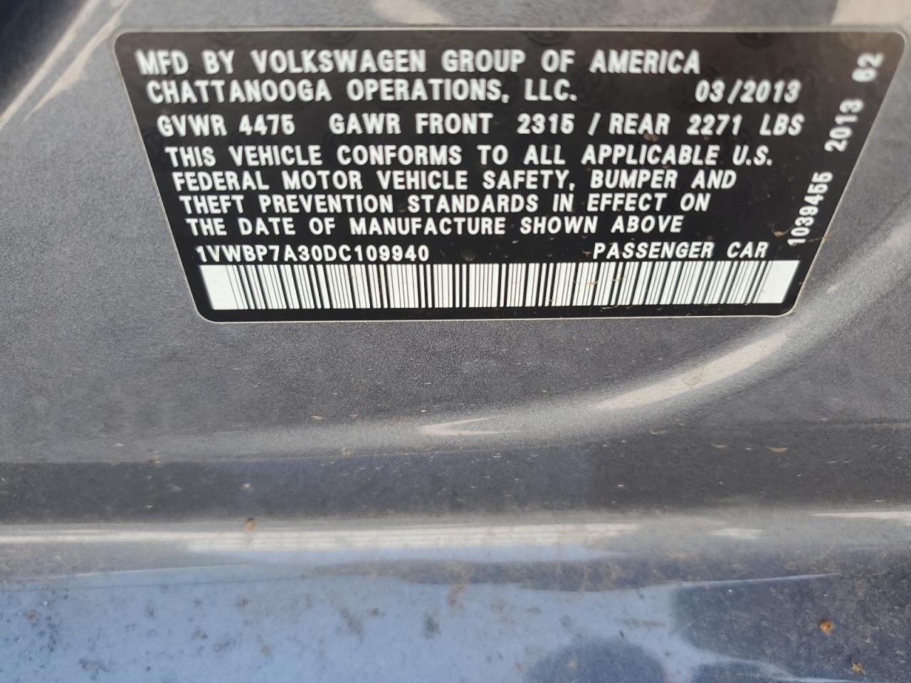 2013 Volkswagen Passat Se VIN: 1VWBP7A30DC109940 Lot: 71624475