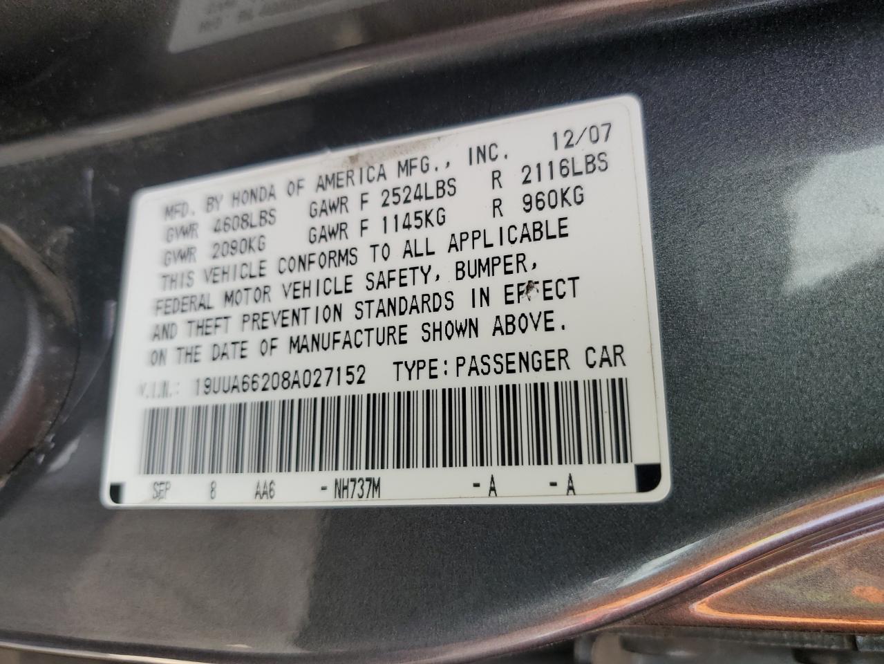 2008 Acura Tl VIN: 19UUA66208A027152 Lot: 84807385