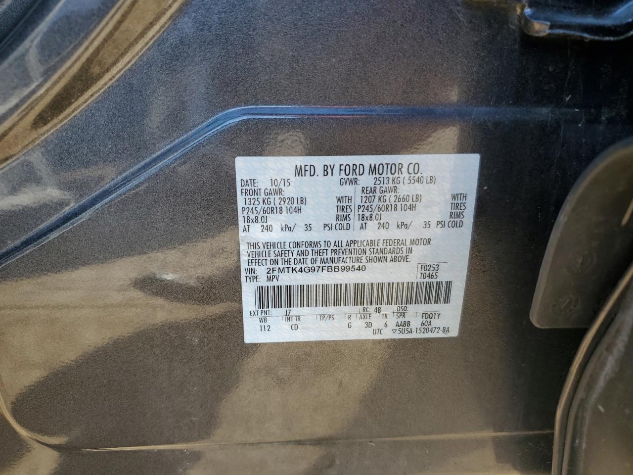 2015 Ford Edge Se VIN: 2FMTK4G97FBB99540 Lot: 82149475