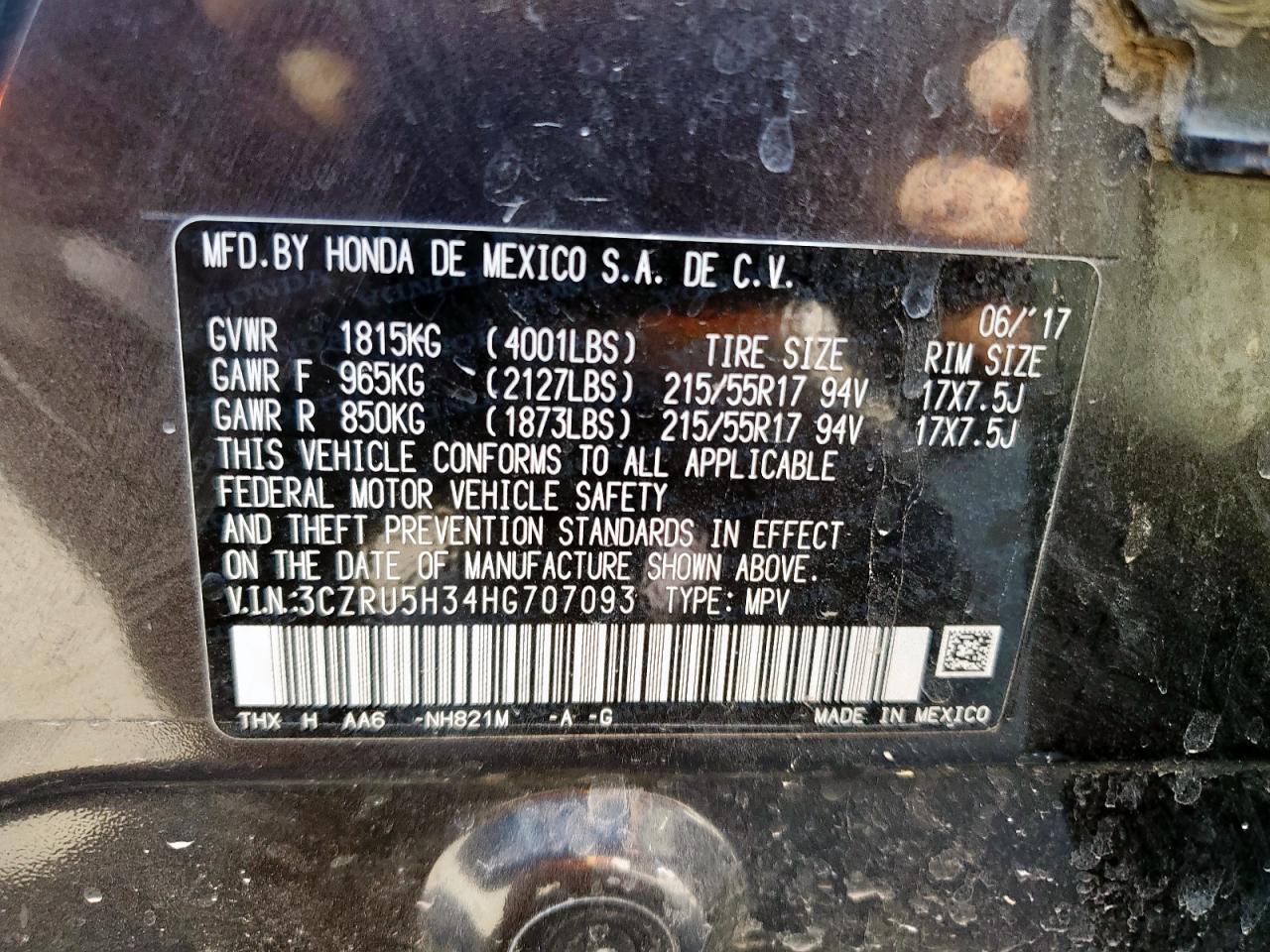 2017 Honda Hr-V Lx VIN: 3CZRU5H34HG707093 Lot: 83777305