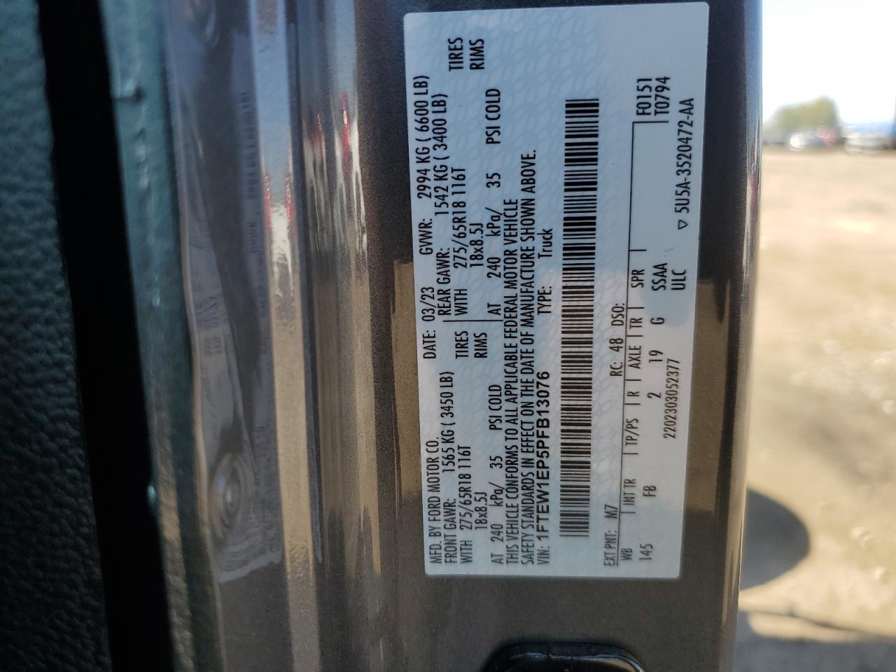 2023 Ford F150 Supercrew VIN: 1FTEW1EP5PFB13076 Lot: 80629665