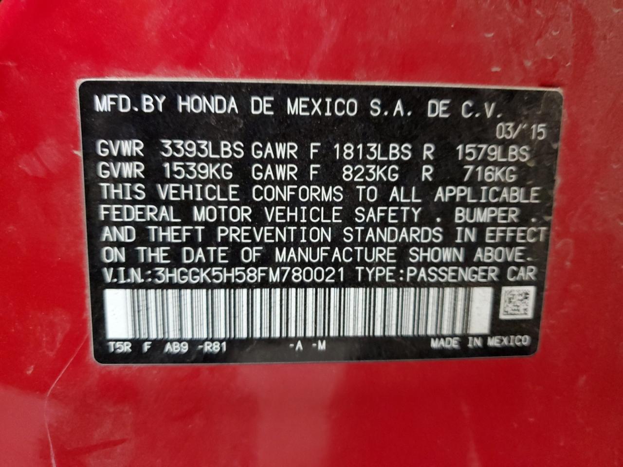 2015 Honda Fit Lx VIN: 3HGGK5H58FM780021 Lot: 81908325