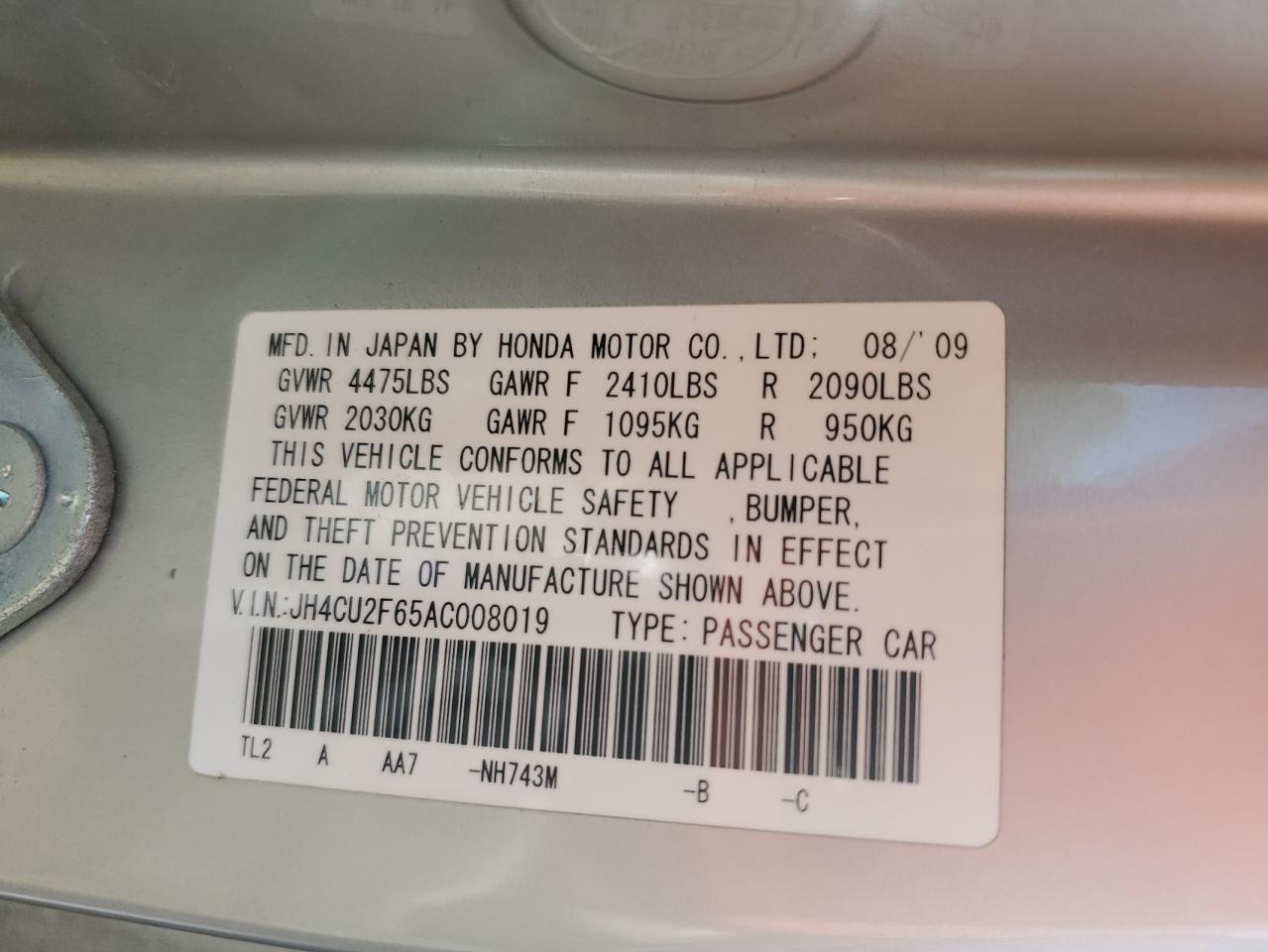 2010 Acura Tsx VIN: JH4CU2F65AC008019 Lot: 81589495