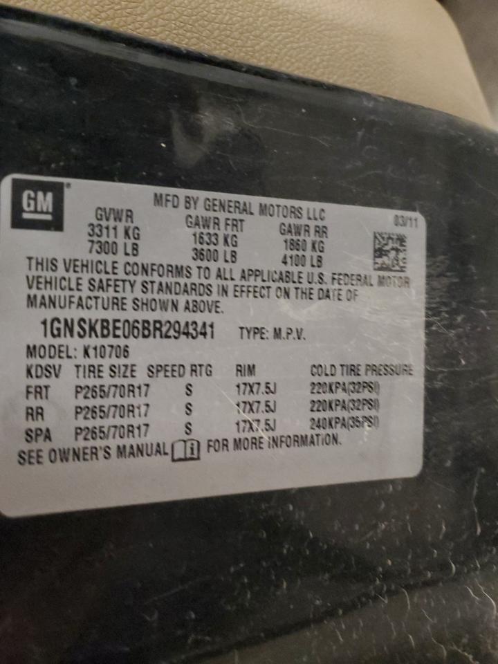 2011 Chevrolet Tahoe K1500 Lt VIN: 1GNSKBE06BR294341 Lot: 83808535