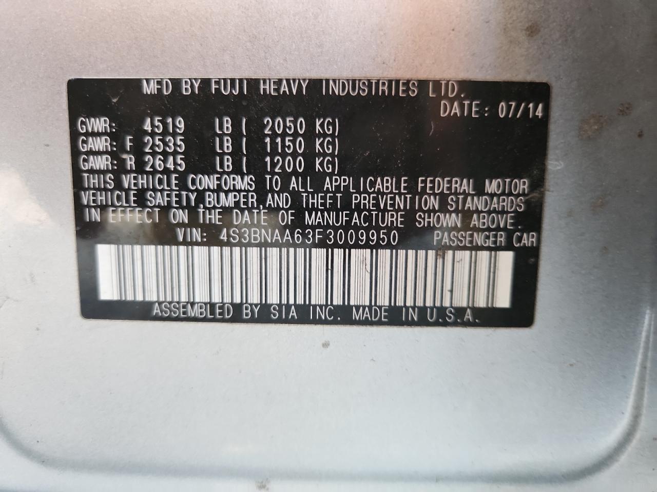 2015 Subaru Legacy 2.5I VIN: 4S3BNAA63F3009950 Lot: 80442315