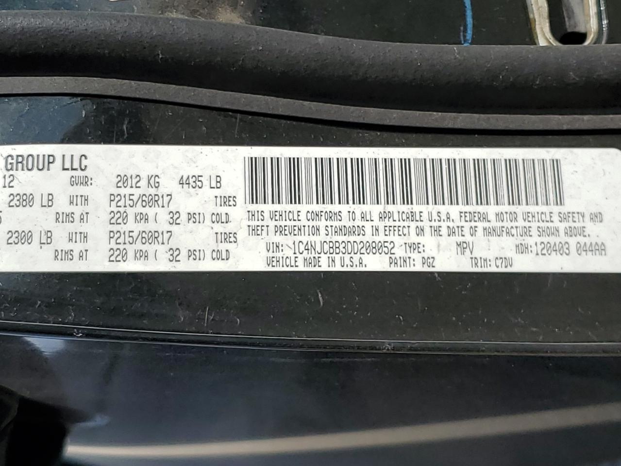 2013 Jeep Compass Sport VIN: 1C4NJCBB3DD208052 Lot: 84207765