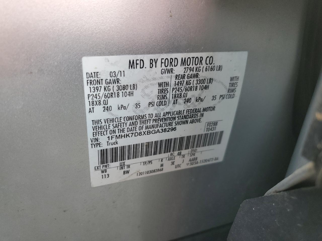 2011 Ford Explorer Xlt VIN: 1FMHK7D8XBGA38296 Lot: 84029225